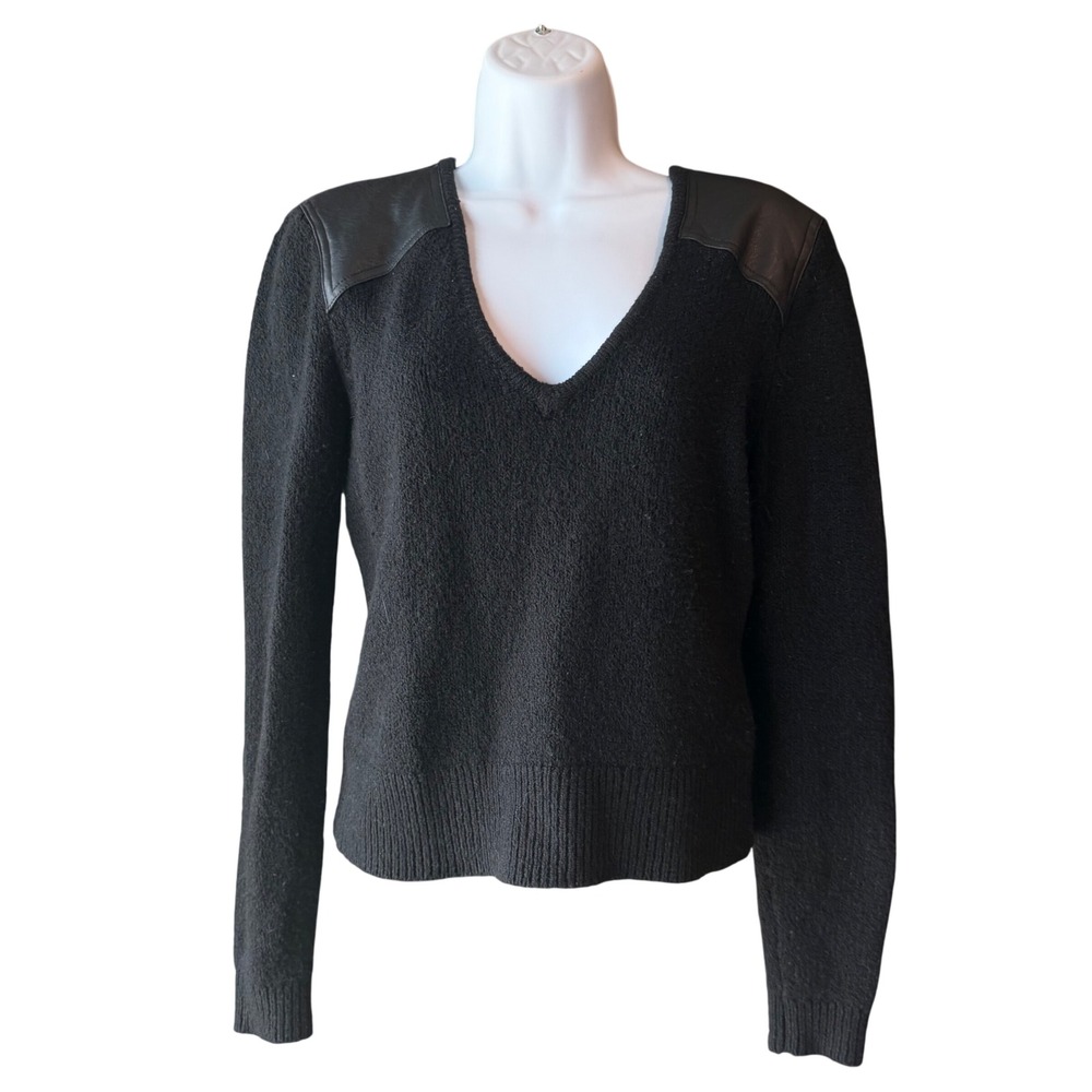 BCBGMaxAzria Black V-Neck Sweater Faux Leather Shoulder Detail Size Small